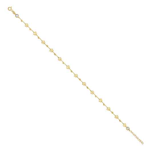 14K Yellow Gold Womens Cubic-Zirconia Beaded Clover Fashion Link Anklet 10 Inches