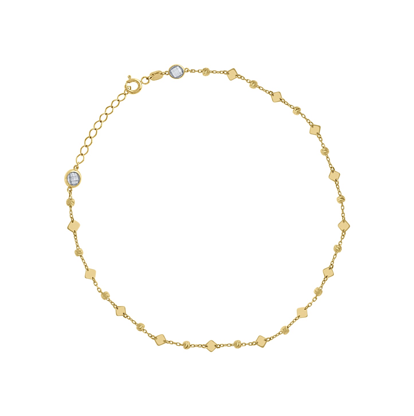 14K Yellow Gold Womens Cubic-Zirconia Beaded Square Fashion Link Anklet 10 Inches