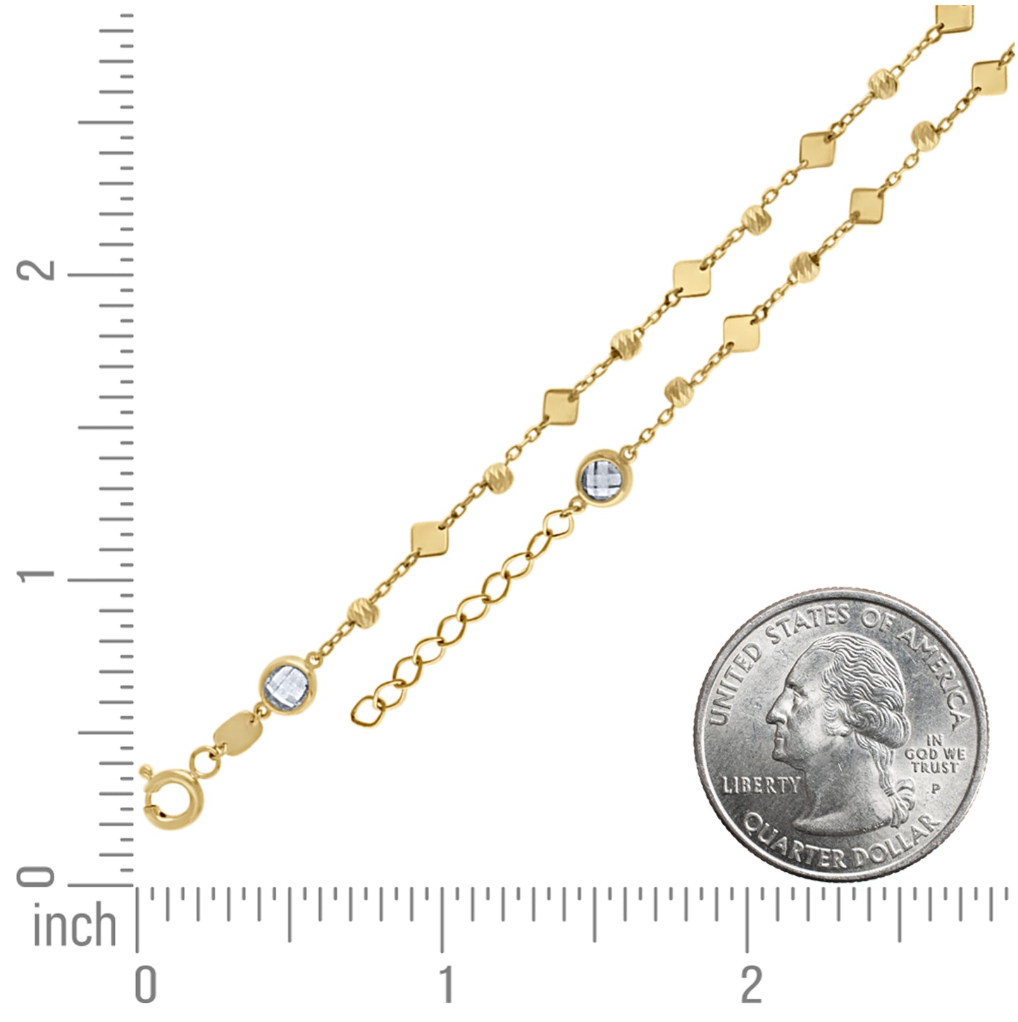 14K Yellow Gold Womens Cubic-Zirconia Beaded Square Fashion Link Anklet 10 Inches