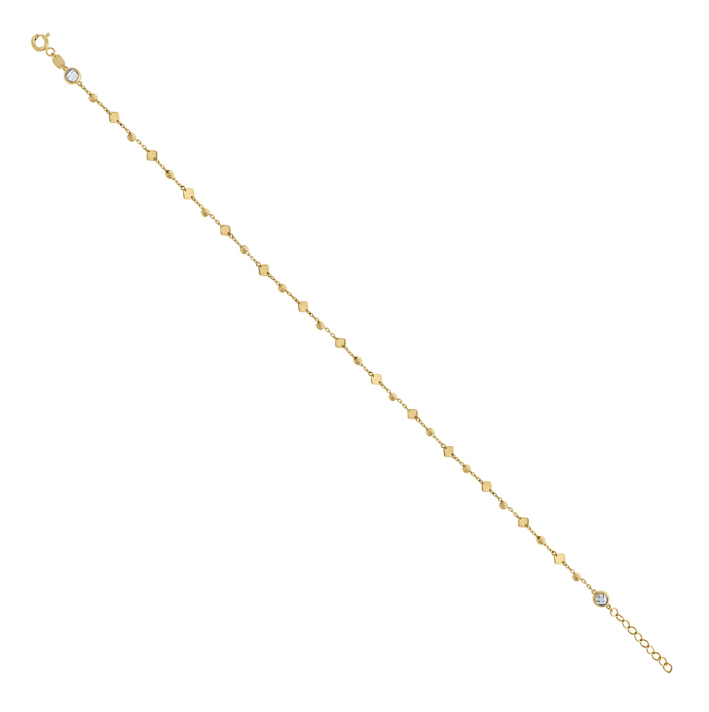 14K Yellow Gold Womens Cubic-Zirconia Beaded Square Fashion Link Anklet 10 Inches