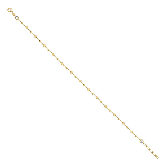 14K Yellow Gold Womens Cubic-Zirconia Beaded Square Fashion Link Anklet 10 Inches