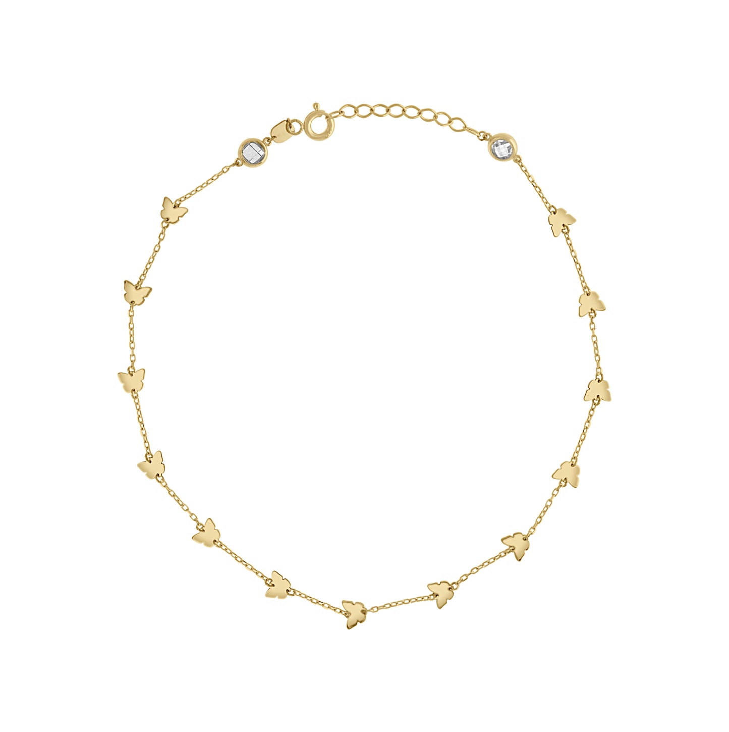 14K Yellow Gold Womens Cubic-Zirconia Butterfly Fashion Link Anklet 10 Inches