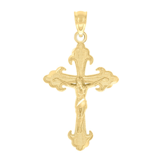 10K Yellow Gold Unisex Textured Crucifix Cross Religious Charm Pendant
