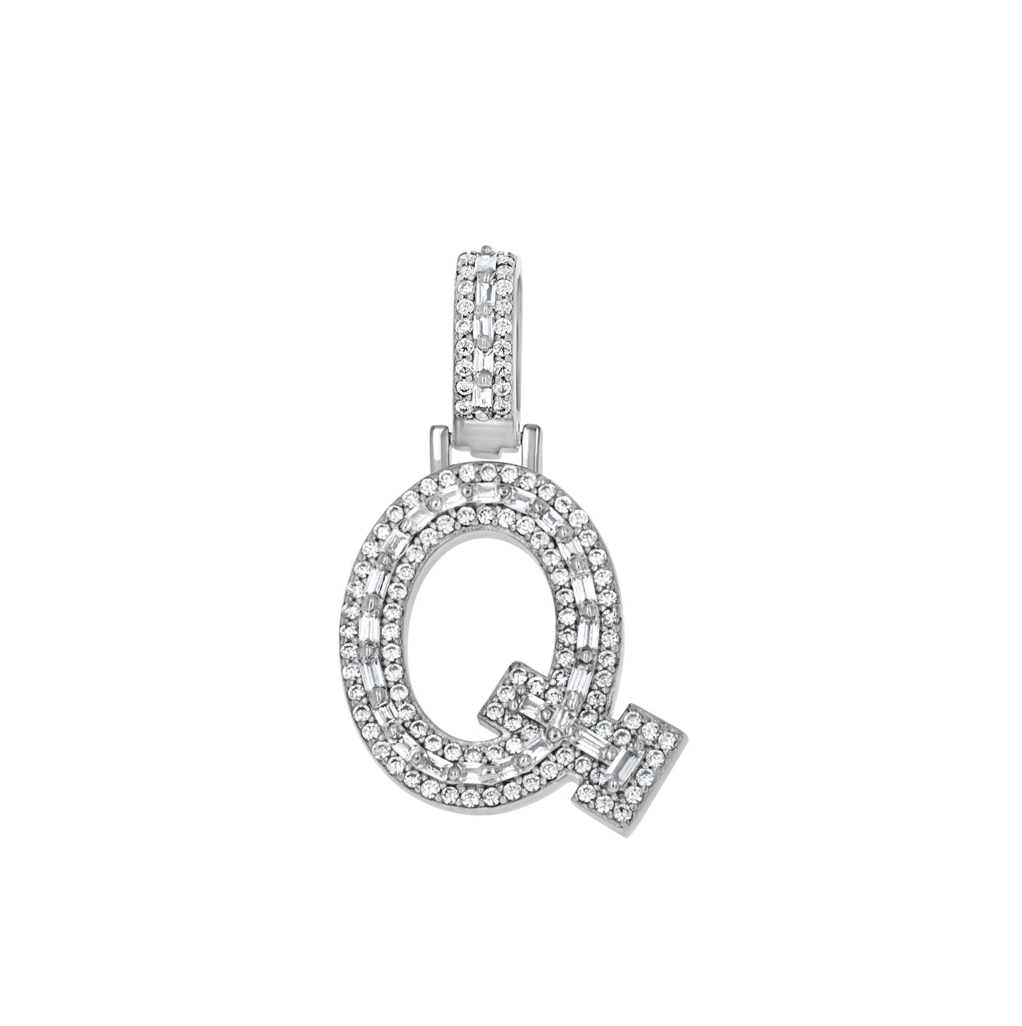 Sterling Silver Unisex Round Baguette Cubic Zirconia Initial Letter A Charm Pendant
