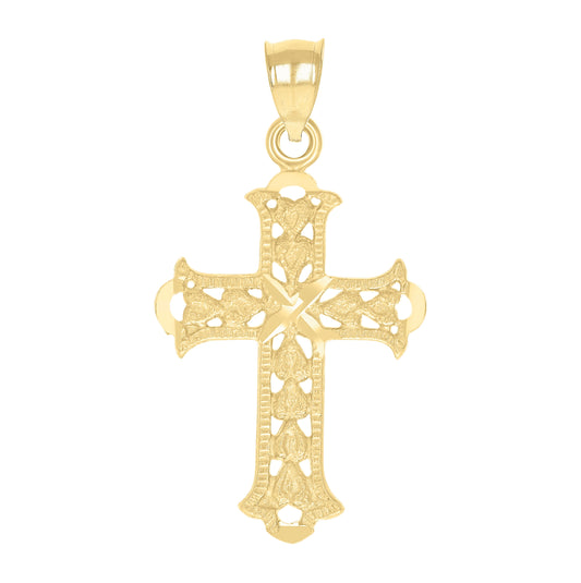 10K Yellow Gold Mens Women Textured Cross Religious Charm Pendant