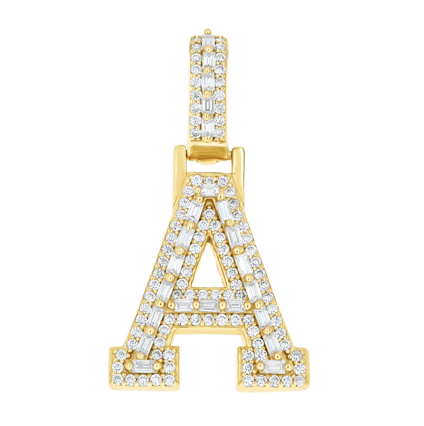 Sterling Silver Yellow-Tone Unisex Baguette Round Moissanite Initial Alphabet Charm Pendant