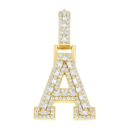 Sterling Silver Yellow-Tone Unisex Baguette Round Moissanite Initial Alphabet Charm Pendant