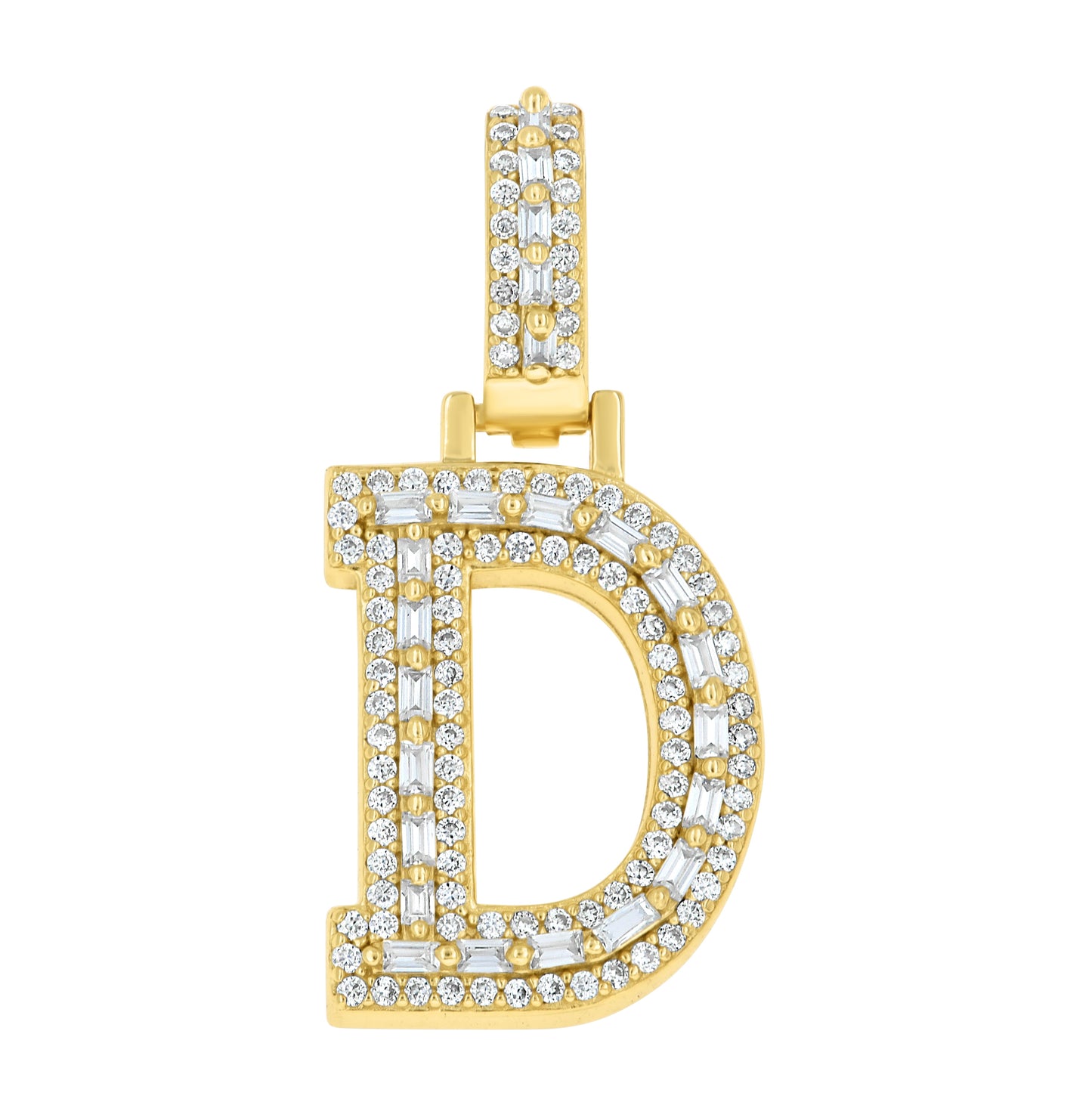 Sterling Silver Yellow-Tone Unisex Baguette Round Moissanite Initial Alphabet Charm Pendant