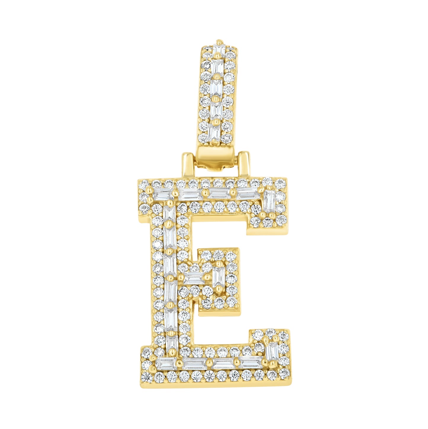 Sterling Silver Yellow-Tone Unisex Baguette Round Moissanite Initial Alphabet Charm Pendant