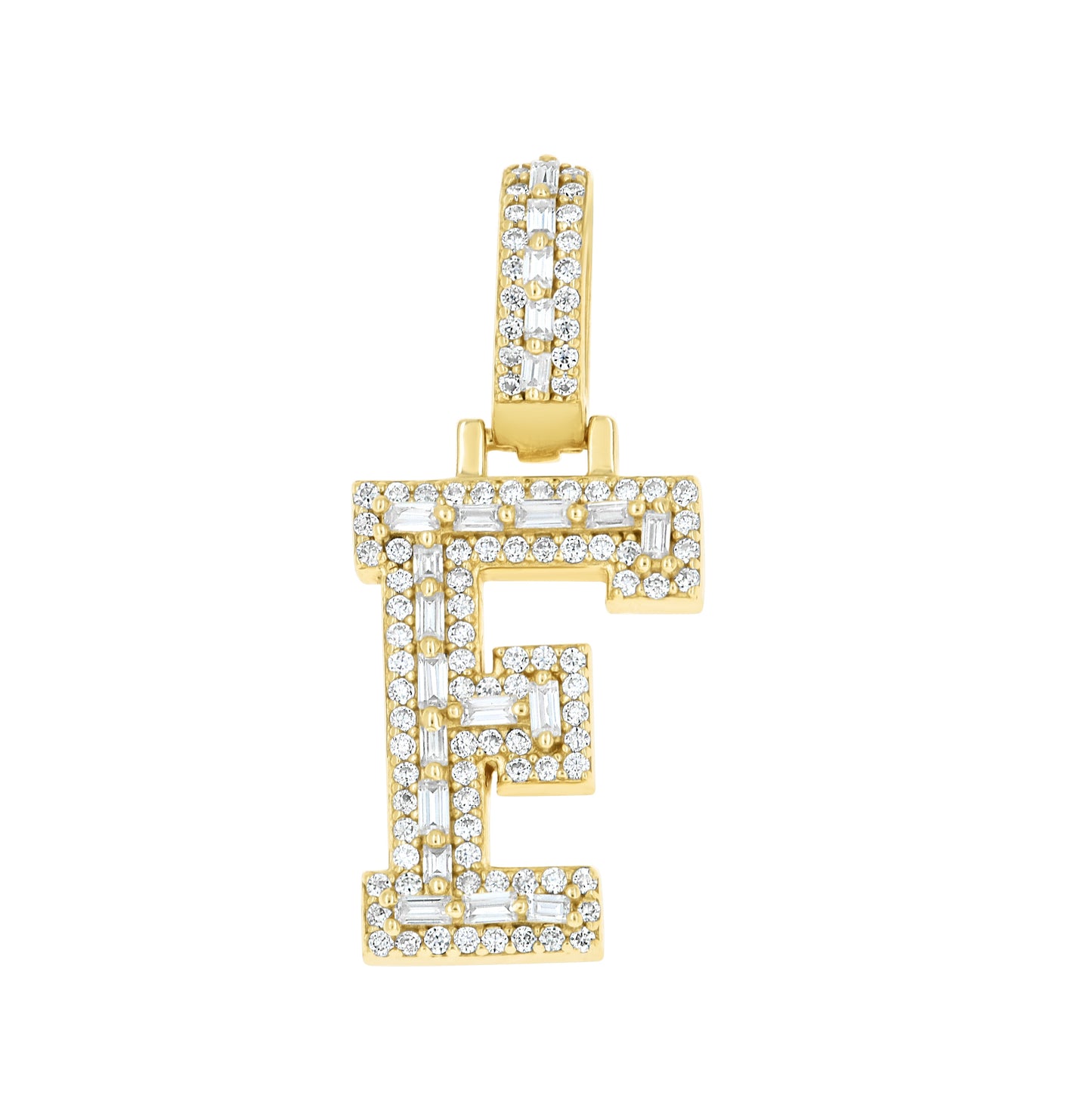 Sterling Silver Yellow-Tone Unisex Baguette Round Moissanite Initial Alphabet Charm Pendant