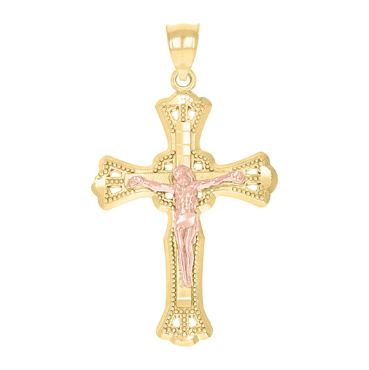 10K Two-Tone Gold Mens Textured Crucifix Cross Religious Charm Pendant