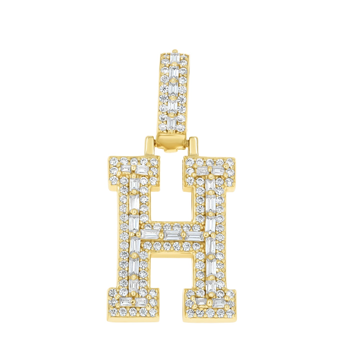 Sterling Silver Yellow-Tone Unisex Baguette Round Moissanite Initial Alphabet Charm Pendant