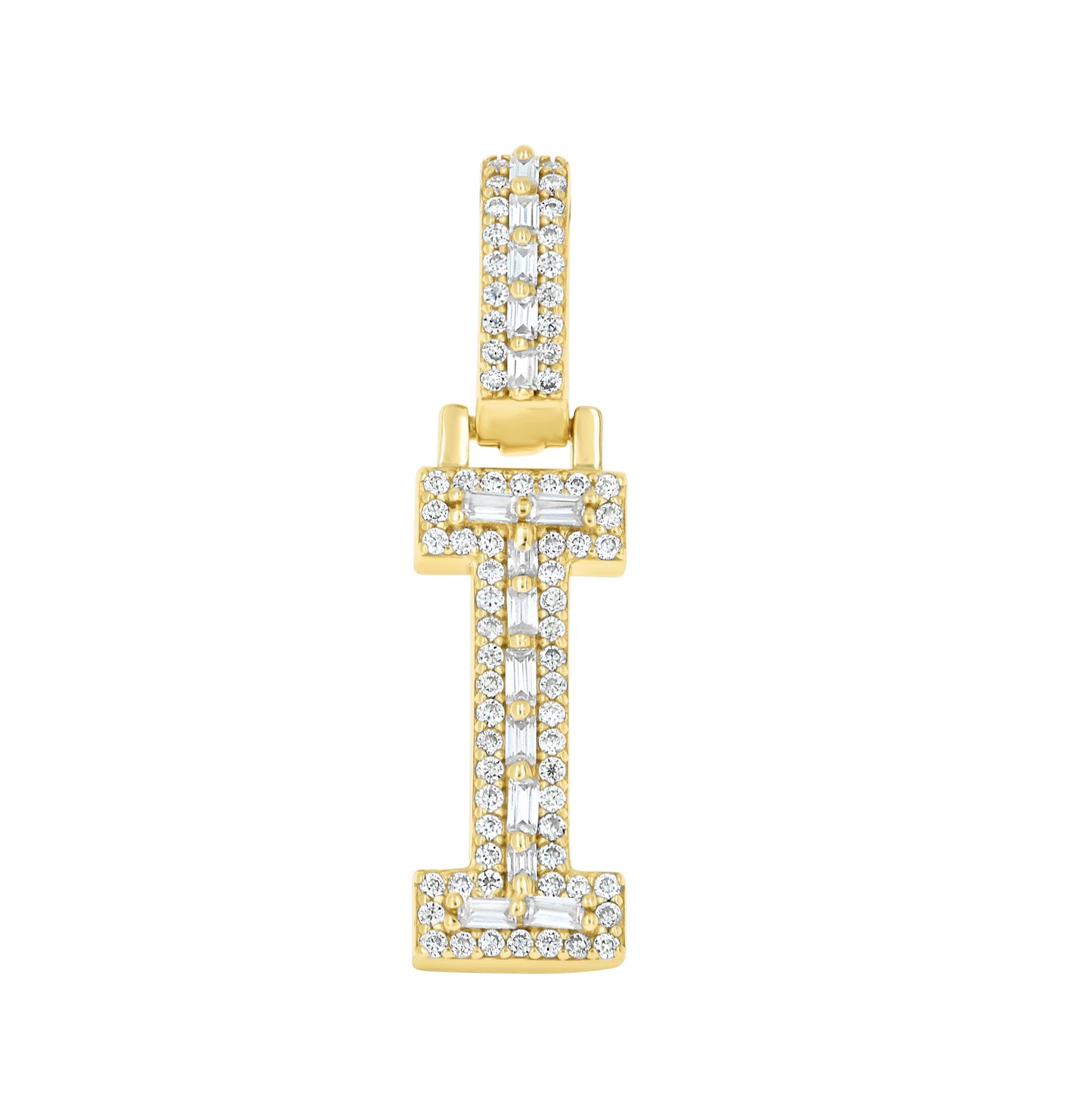Sterling Silver Yellow-Tone Unisex Baguette Round Moissanite Initial Alphabet Charm Pendant