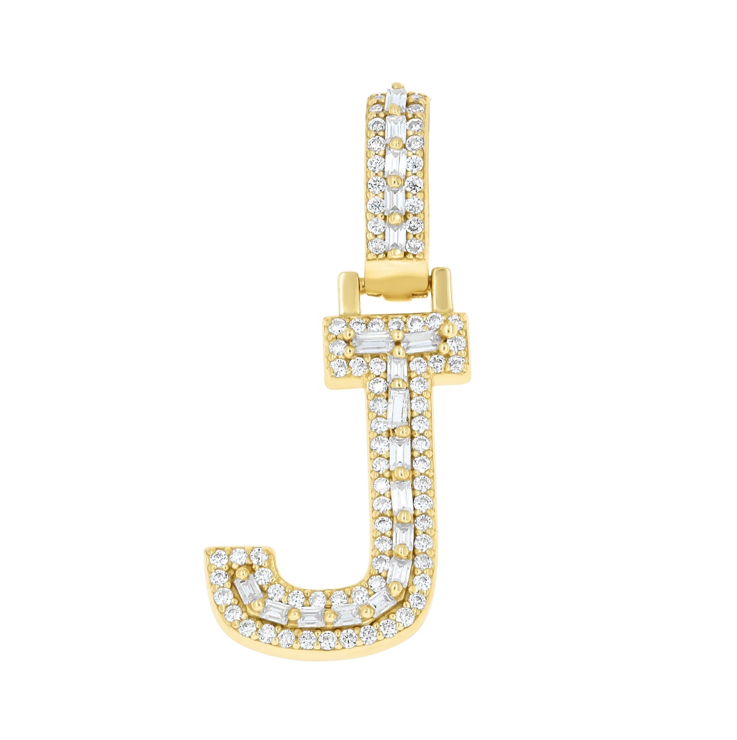 Sterling Silver Yellow-Tone Unisex Baguette Round Moissanite Initial Alphabet Charm Pendant