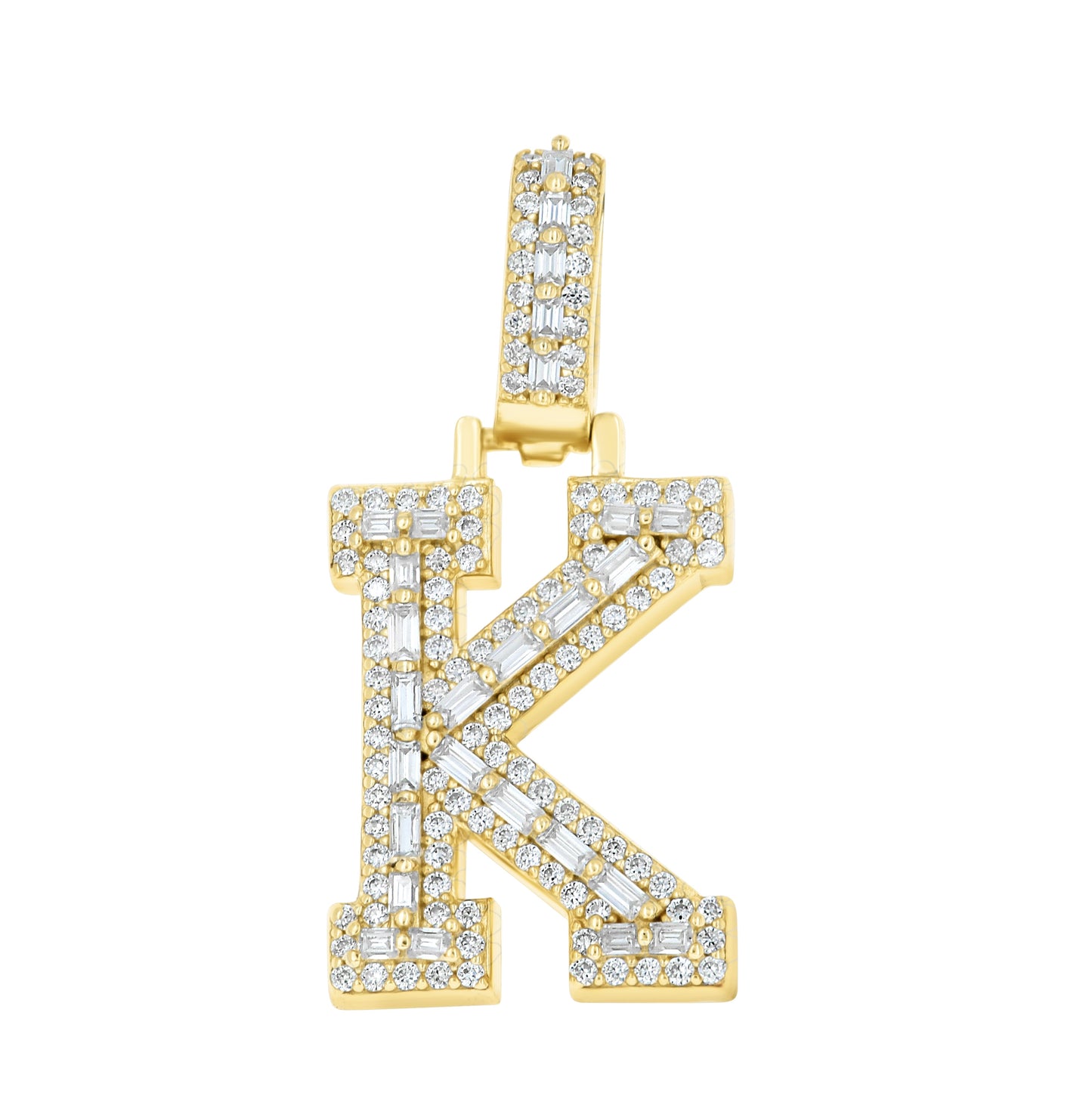Sterling Silver Yellow-Tone Unisex Baguette Round Moissanite Initial Alphabet Charm Pendant