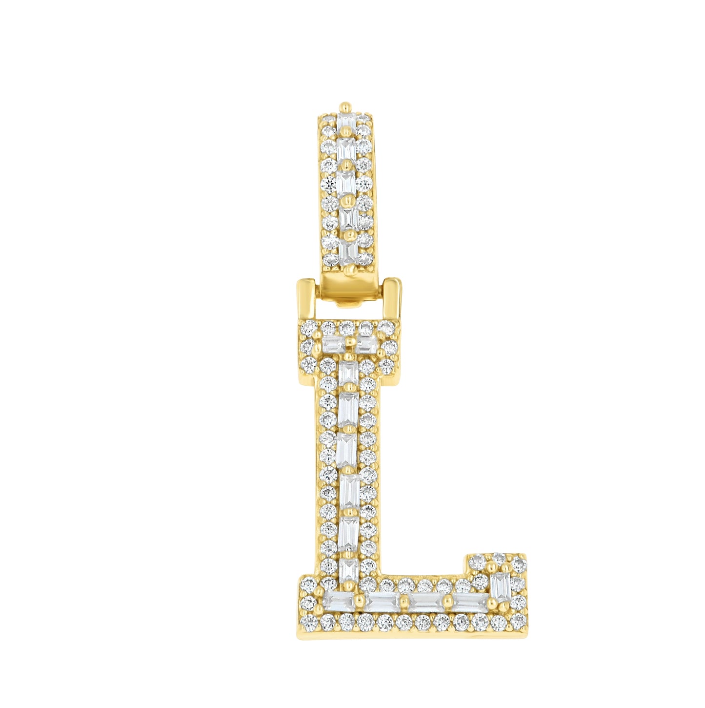 Sterling Silver Yellow-Tone Unisex Baguette Round Moissanite Initial Alphabet Charm Pendant