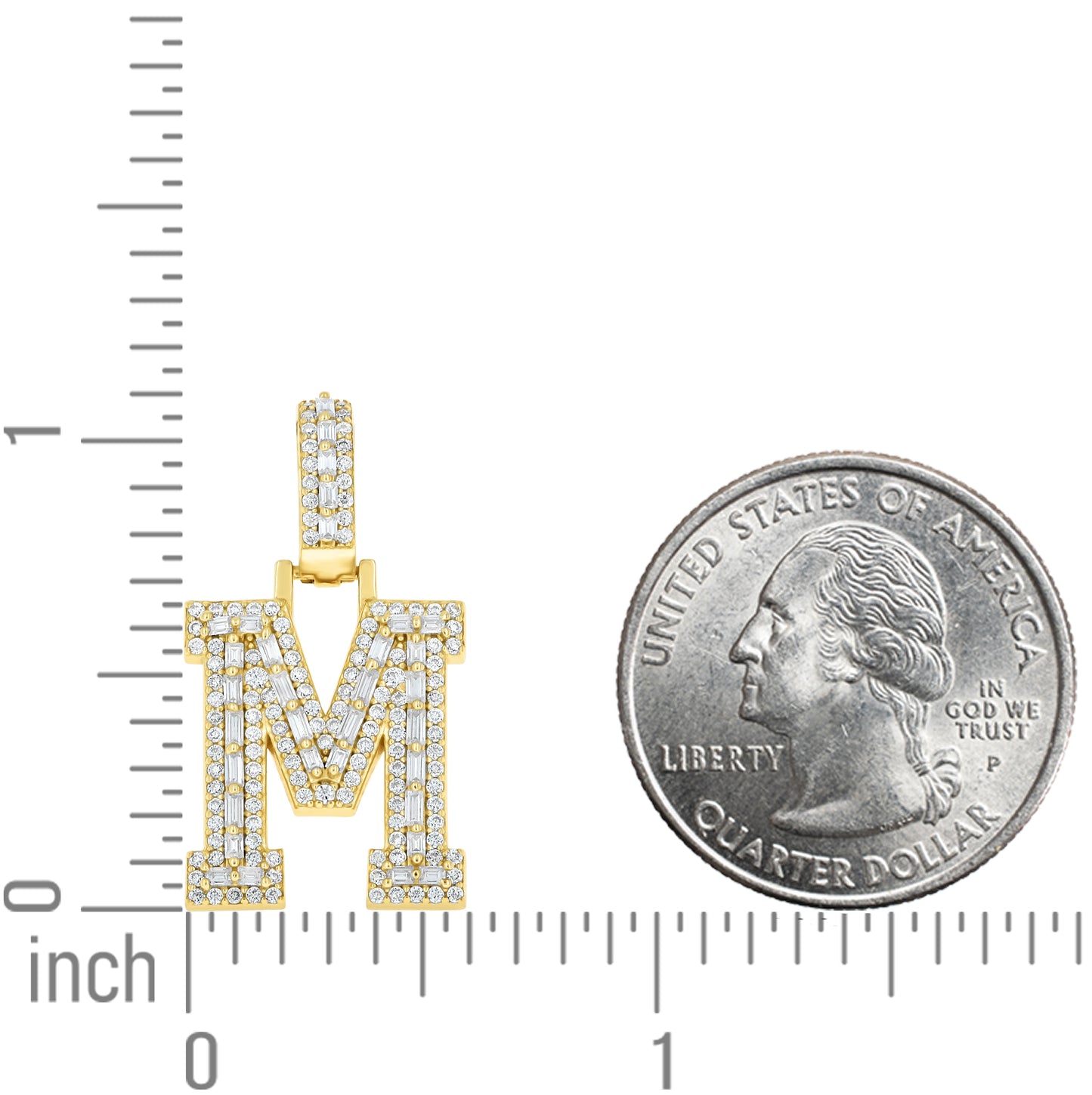 Sterling Silver Yellow-Tone Unisex Baguette Round Moissanite Initial Alphabet Charm Pendant