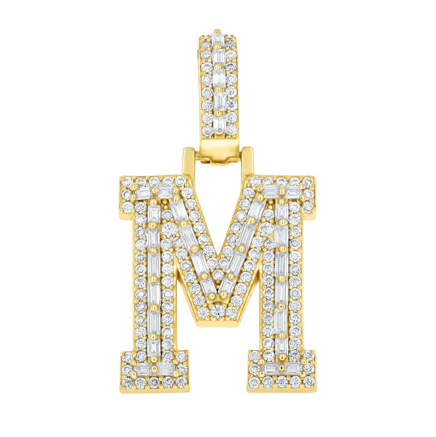 Sterling Silver Yellow-Tone Unisex Baguette Round Moissanite Initial Alphabet Charm Pendant