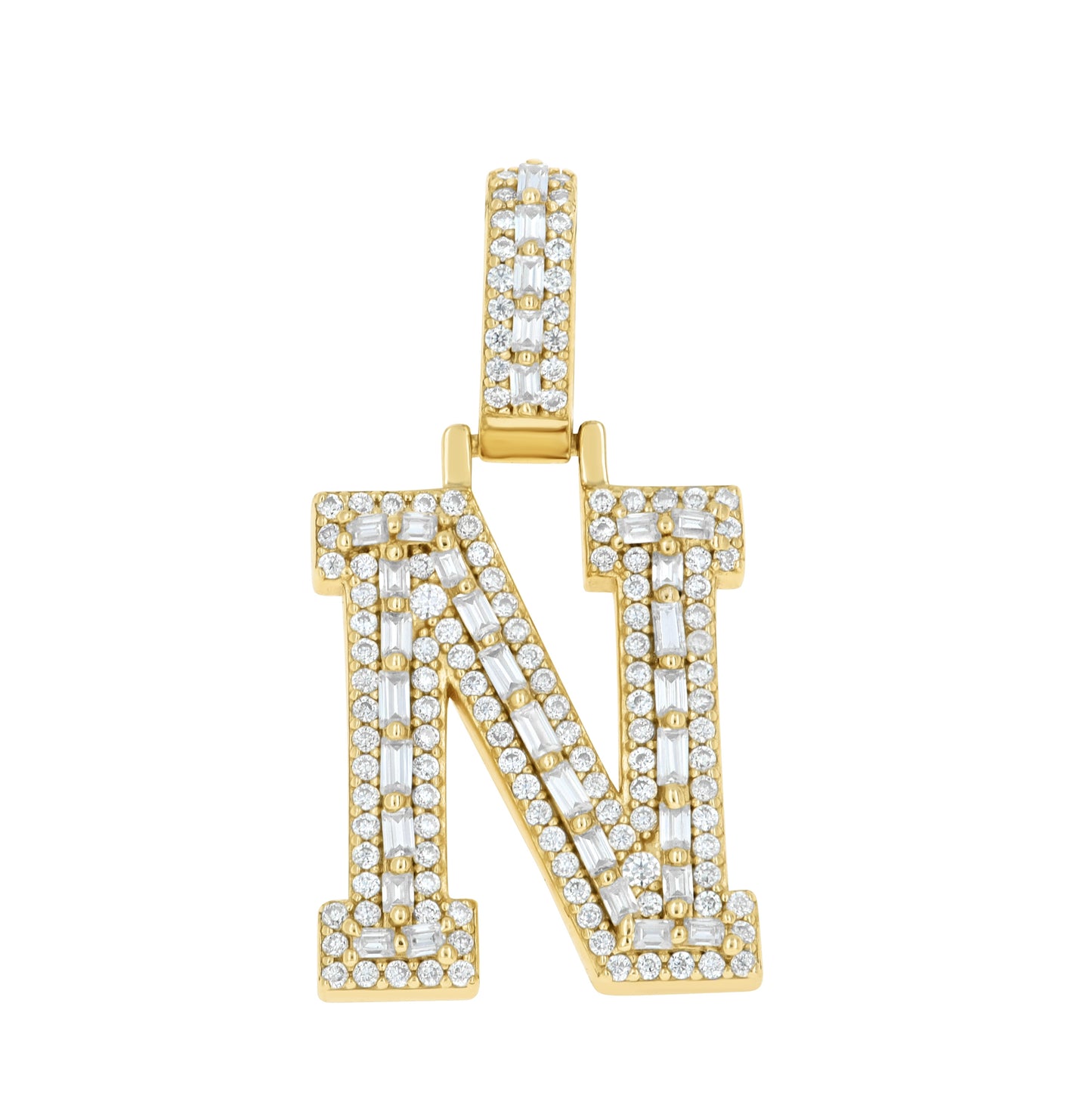 Sterling Silver Yellow-Tone Unisex Baguette Round Moissanite Initial Alphabet Charm Pendant