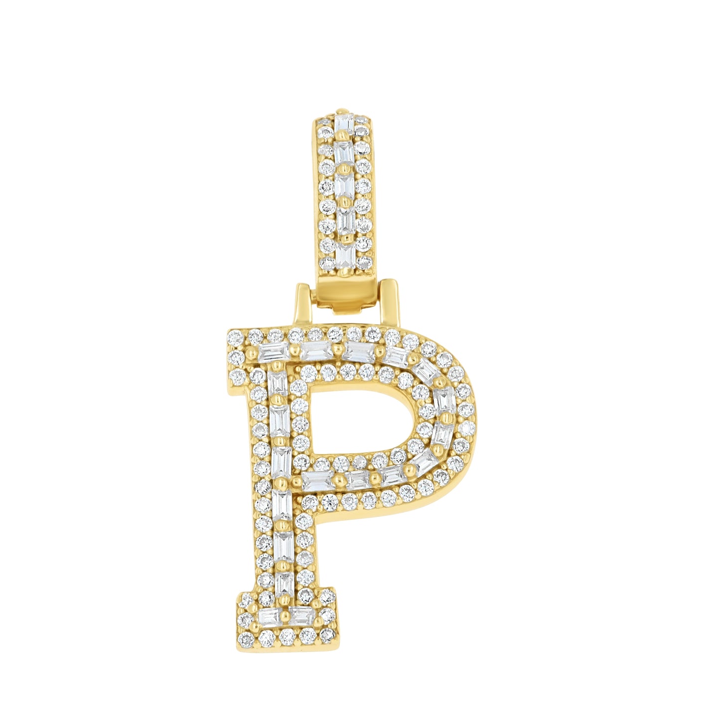 Sterling Silver Yellow-Tone Unisex Baguette Round Moissanite Initial Alphabet Charm Pendant