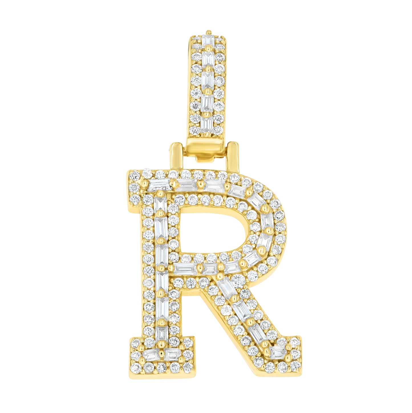 Sterling Silver Yellow-Tone Unisex Baguette Round Moissanite Initial Alphabet Charm Pendant