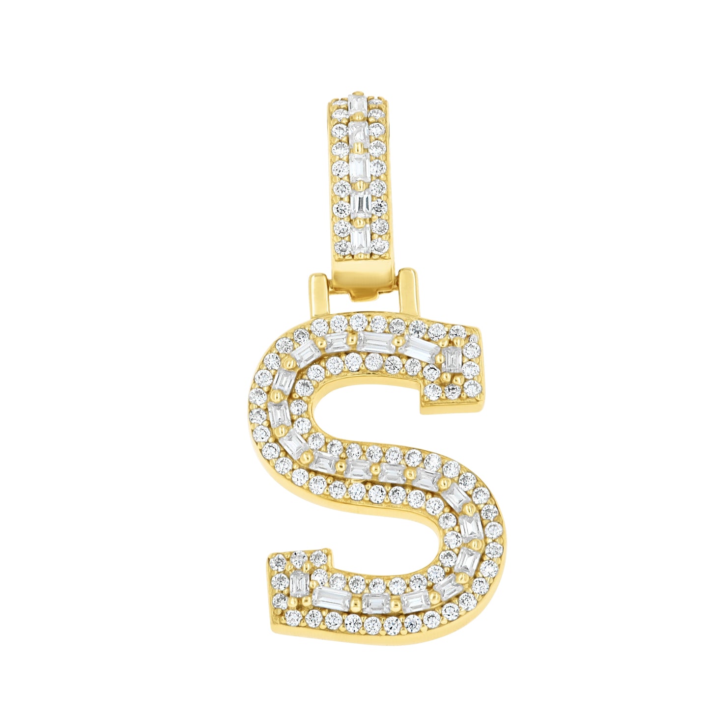 Sterling Silver Yellow-Tone Unisex Baguette Round Moissanite Initial Alphabet Charm Pendant