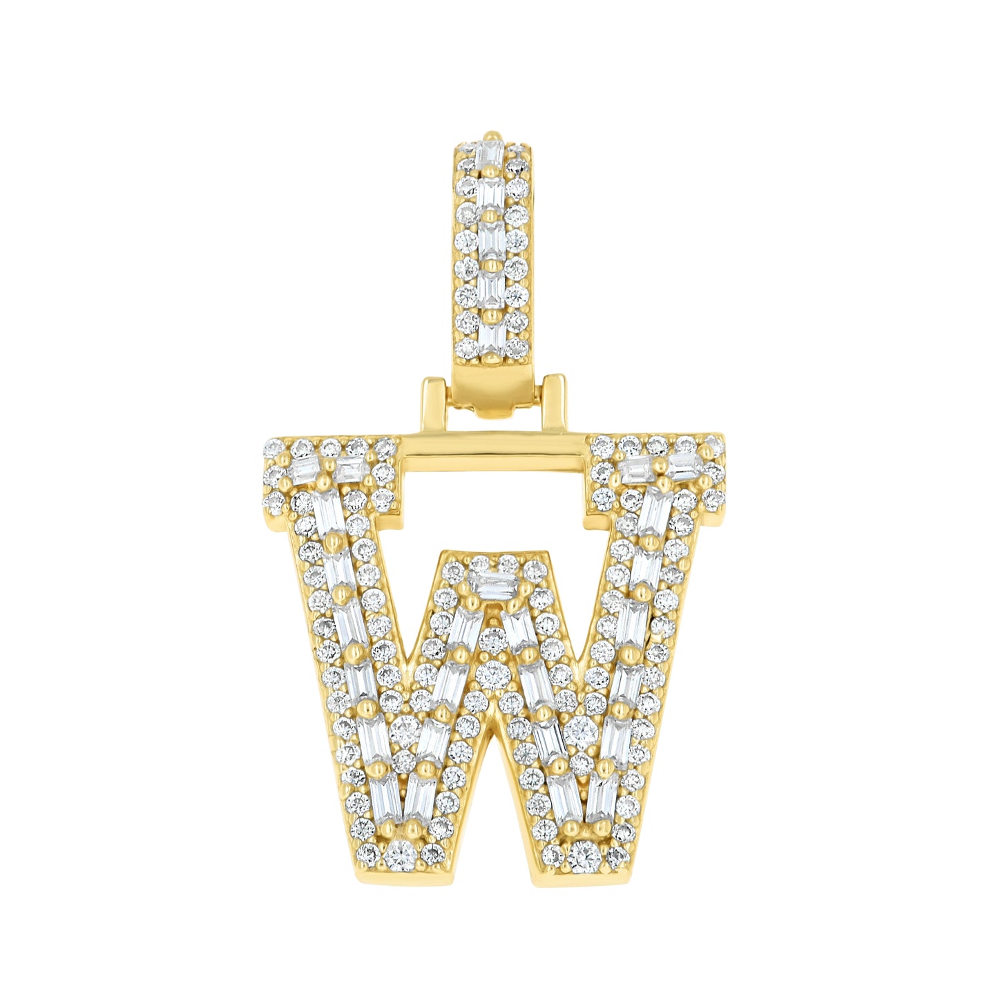 Sterling Silver Yellow-Tone Unisex Baguette Round Moissanite Initial Alphabet Charm Pendant
