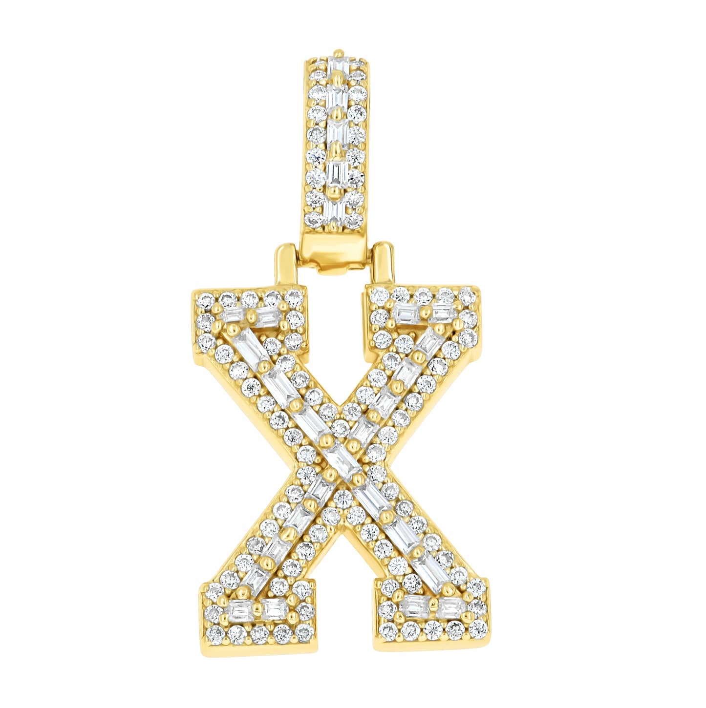 Sterling Silver Yellow-Tone Unisex Baguette Round Moissanite Initial Alphabet Charm Pendant