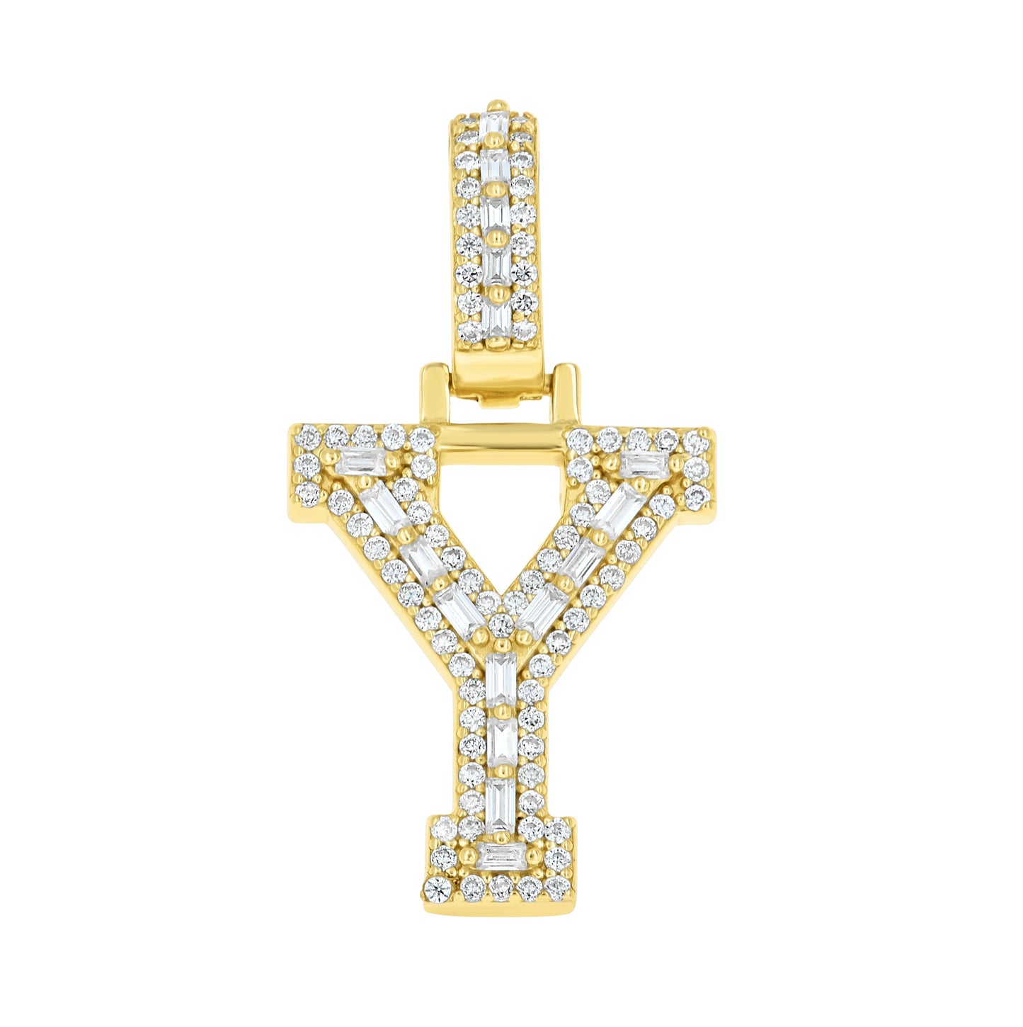 Sterling Silver Yellow-Tone Unisex Baguette Round Moissanite Initial Alphabet Charm Pendant