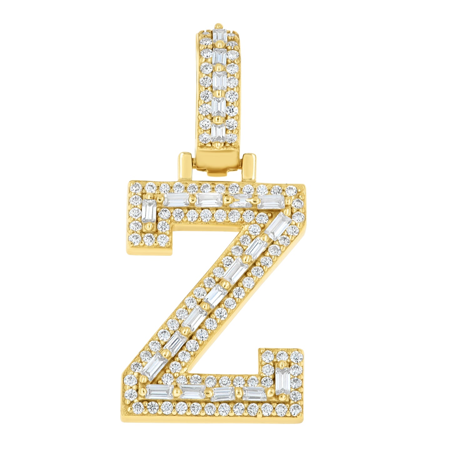 Sterling Silver Yellow-Tone Unisex Baguette Round Moissanite Initial Alphabet Charm Pendant