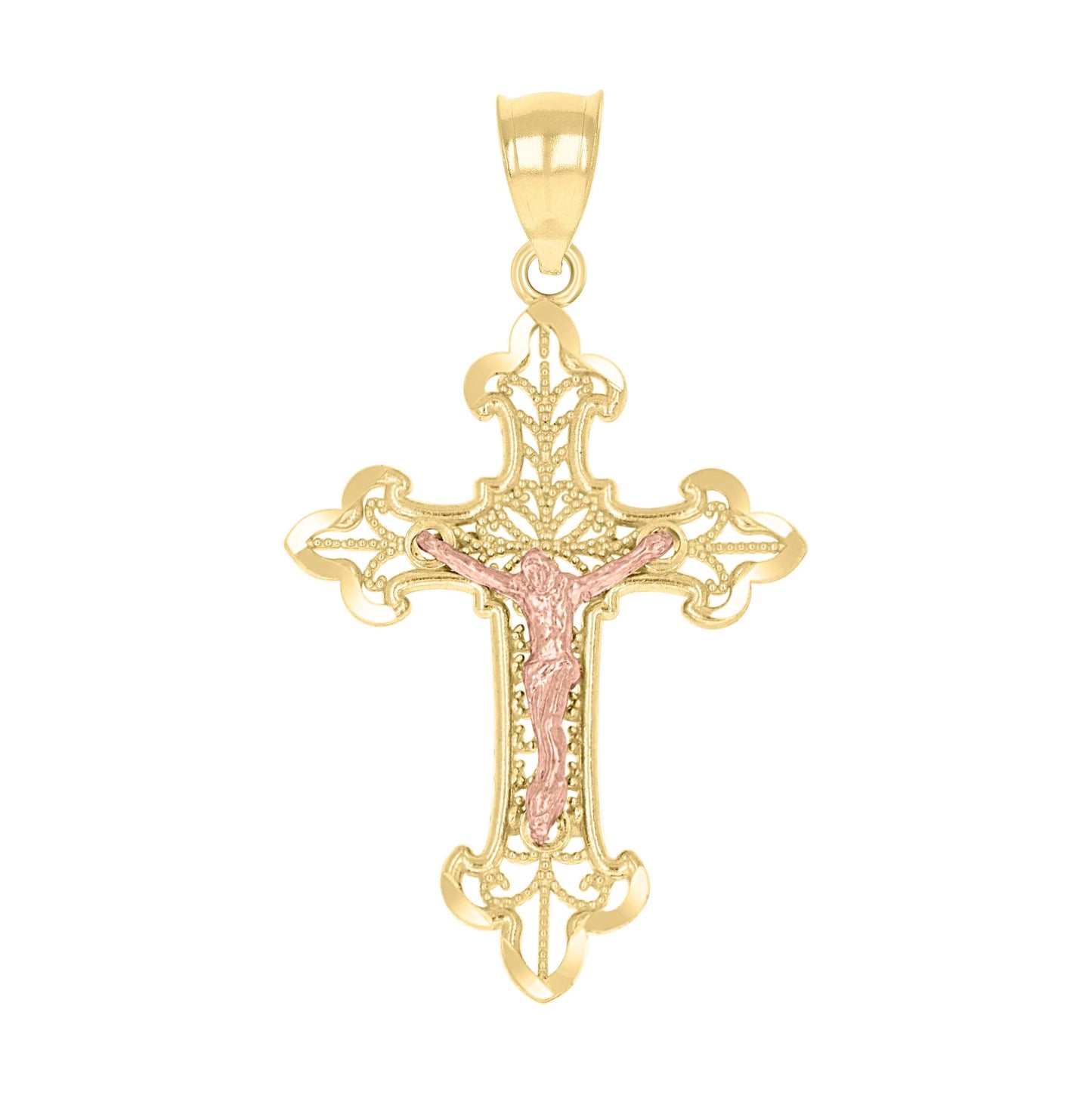 10K Gold Two-Tone Diamond-Cut Unisex Cross Crucifix Religious Charm Pendant