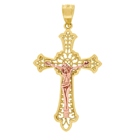 10K Gold Two-Tone Diamond-Cut Unisex Cross Crucifix Religious Charm Pendant