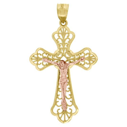 10K Gold Two-Tone Diamond-Cut Unisex Cross Crucifix Religious Charm Pendant
