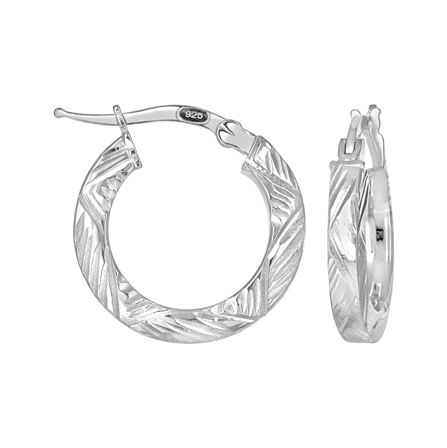 Sterling Silver Womens Diamond-Cut Patterned Square Tube Hoop Earrings