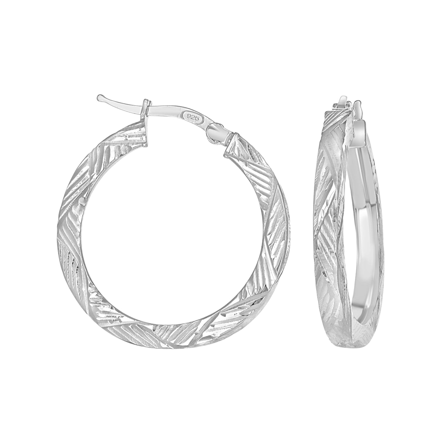 Sterling Silver Womens Diamond-Cut Patterned Square Tube Hoop Earrings