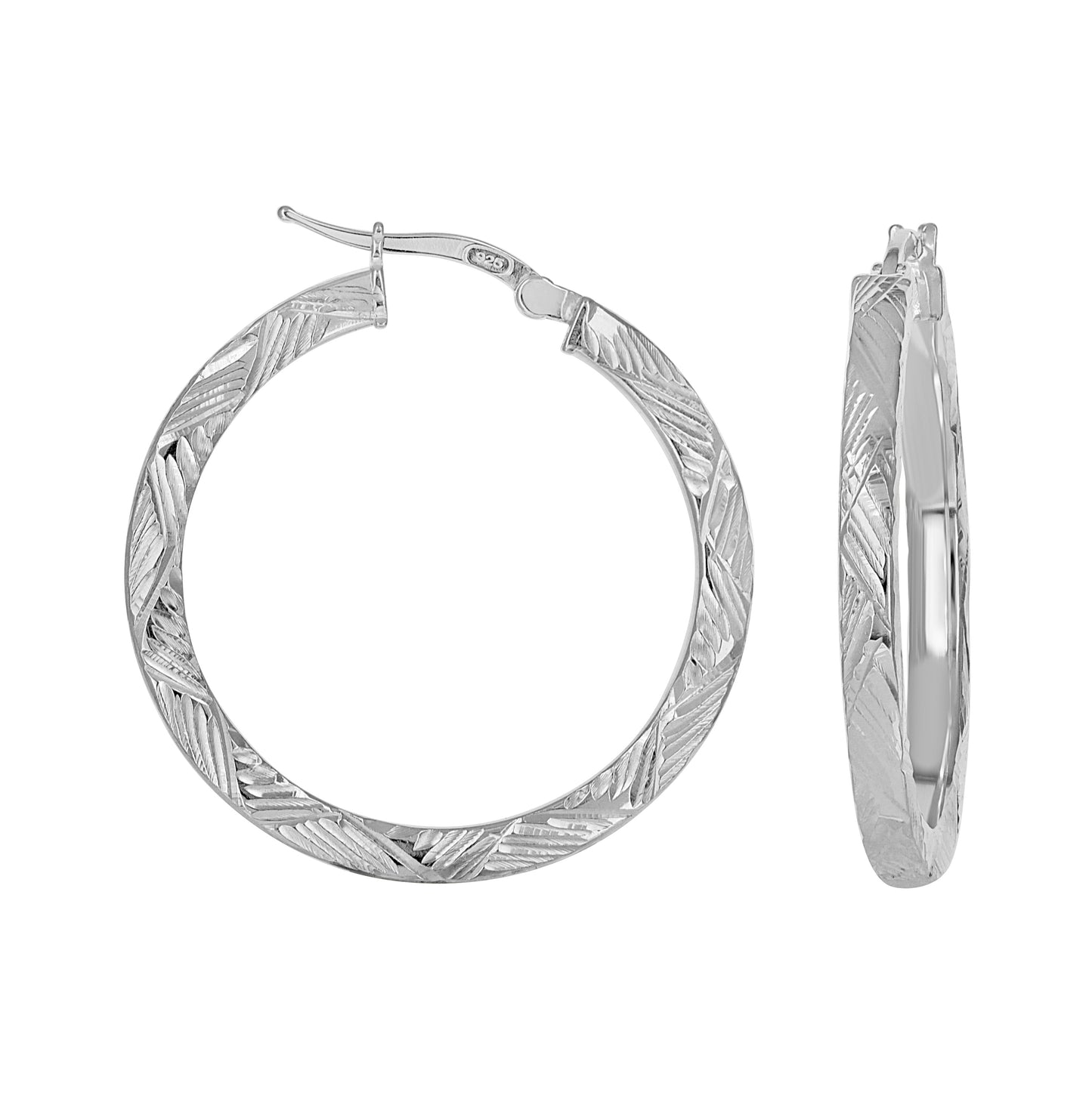 Sterling Silver Womens Diamond-Cut Patterned Square Tube Hoop Earrings