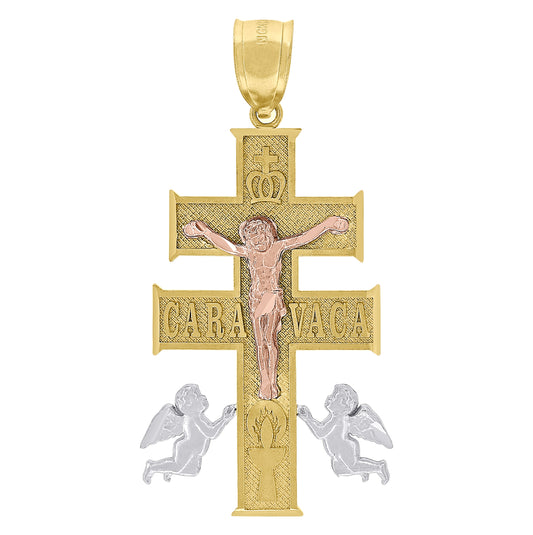 10K Tri-Color Gold Mens Women Caravaca Crucifix Religious Charm Pendant