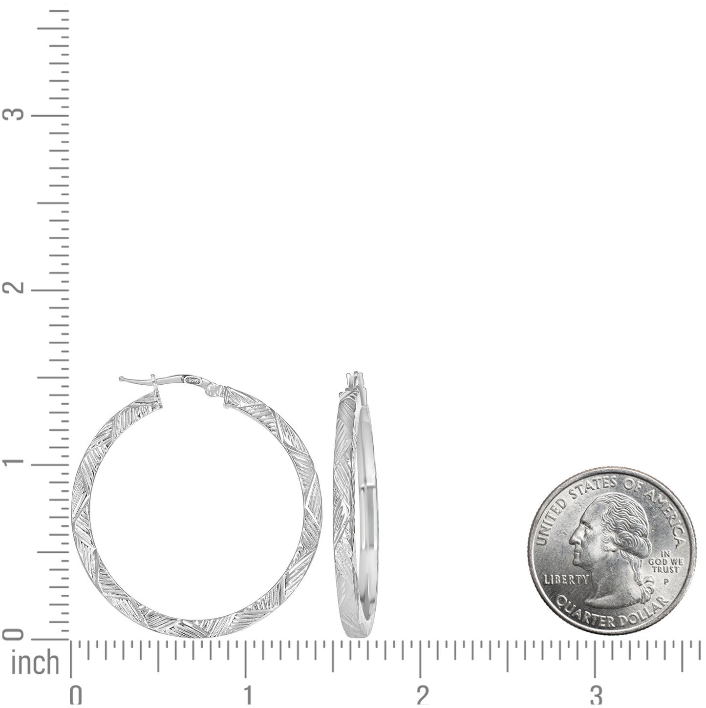 Sterling Silver Womens Diamond-Cut Patterned Square Tube Hoop Earrings