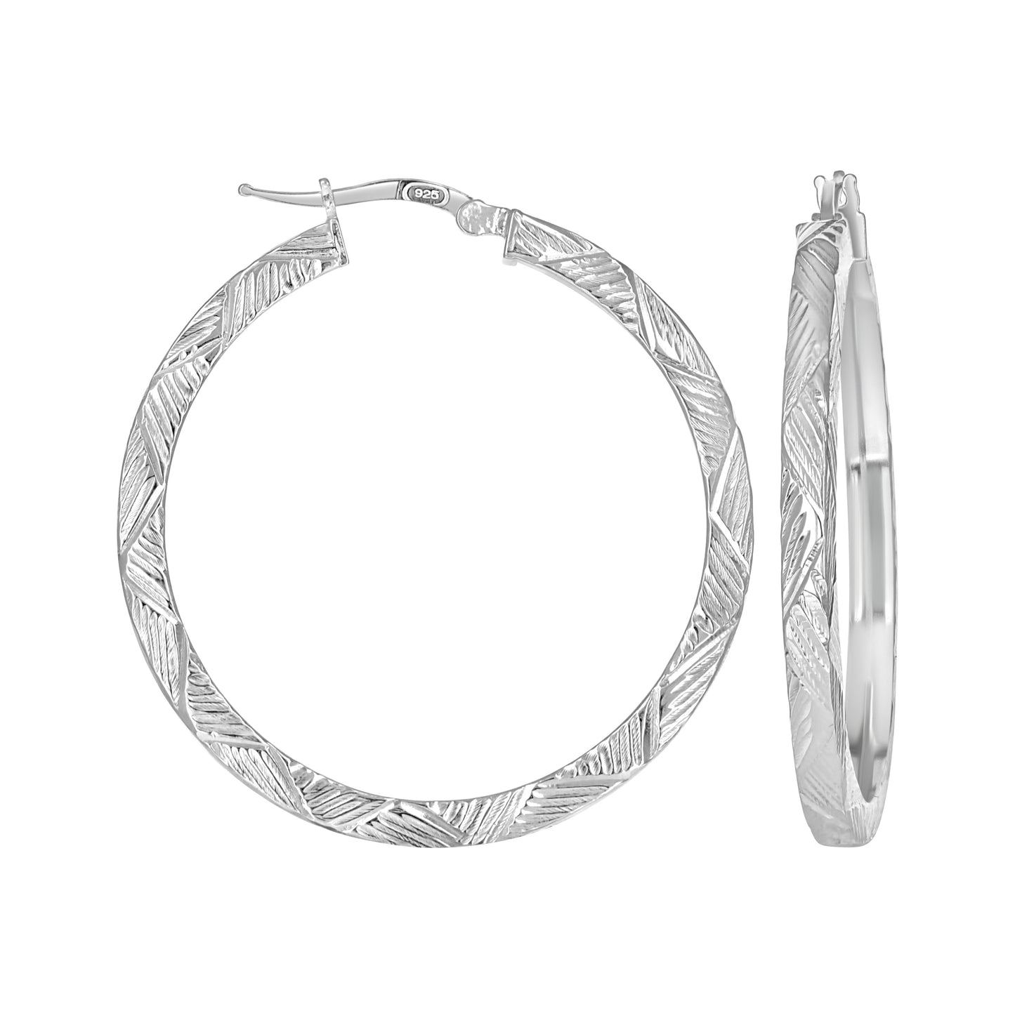 Sterling Silver Womens Diamond-Cut Patterned Square Tube Hoop Earrings