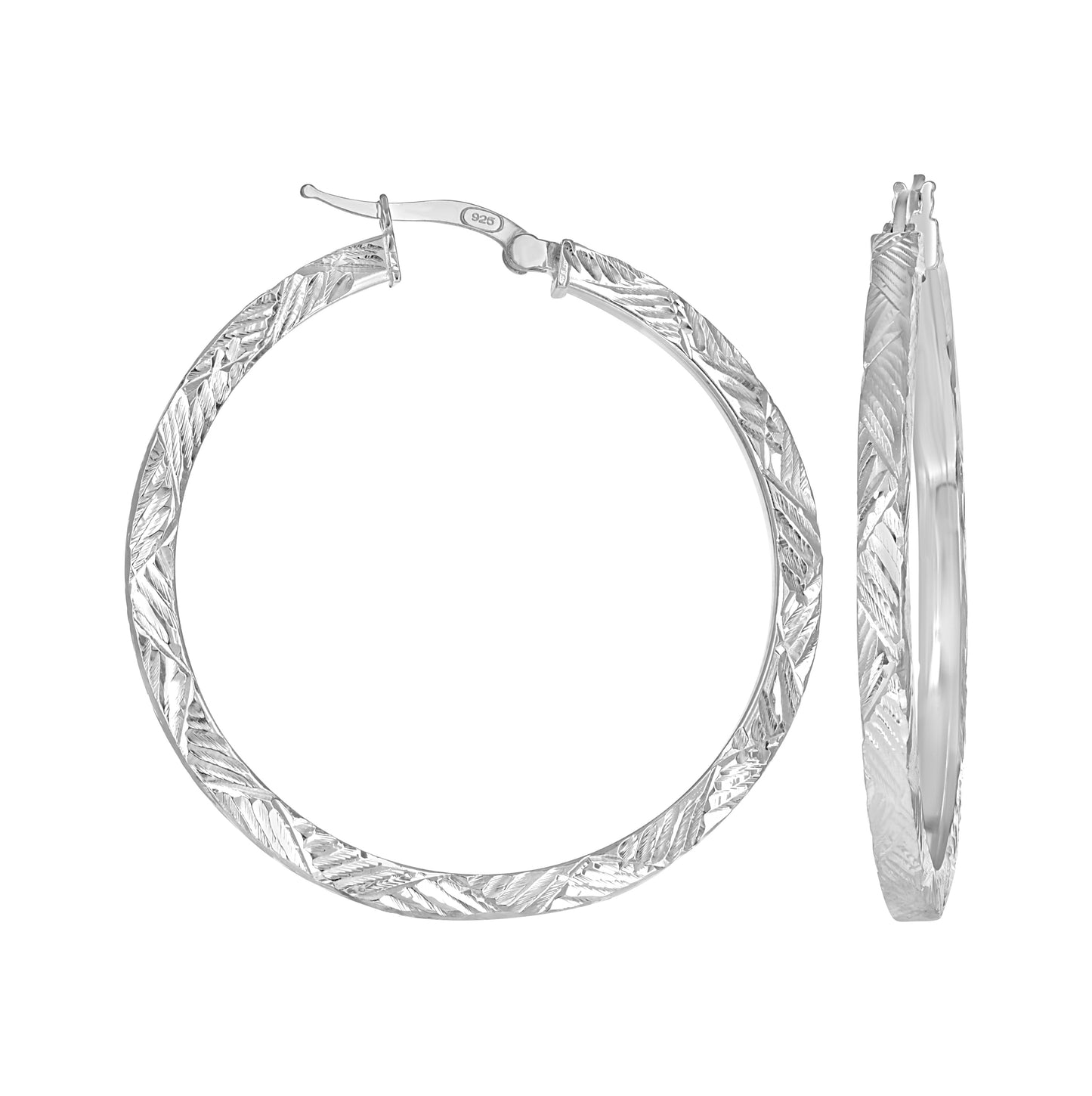 Sterling Silver Womens Diamond-Cut Patterned Square Tube Hoop Earrings