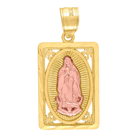 10K Yellow Gold Diamond-Cut Unisex Mary Guadalupe Rectangular Religious Charm Pendant