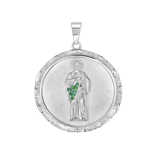 Sterling Silver Unisex Green Cubic-Zirconia Round St. Jude Religious Pendant