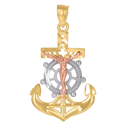 10K Gold Tri-Color Unisex Anchor Cross Crucifix Religious Charm Pendant