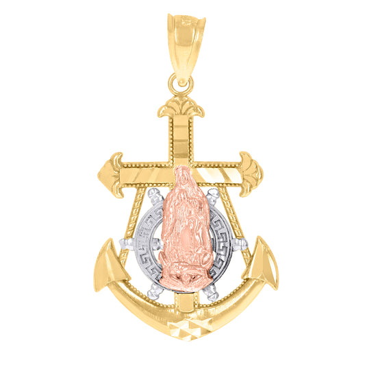 10K Tri-Color Gold Mens Women Lady Of Guadalupe Religious Anchor Charm Pendant