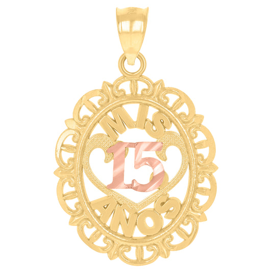 10K Gold Tri-Color Diamond-Cut Unisex Mis 15 Anos Heart Oval Quinceanera Charm Pendant