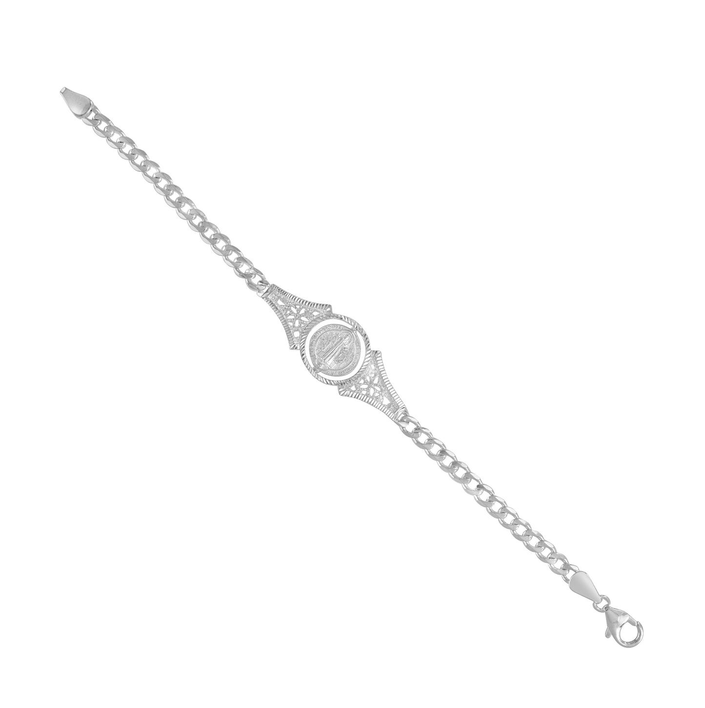 Sterling Silver Unisex St. Benedict Religious Charm Bracelet 7 Inches