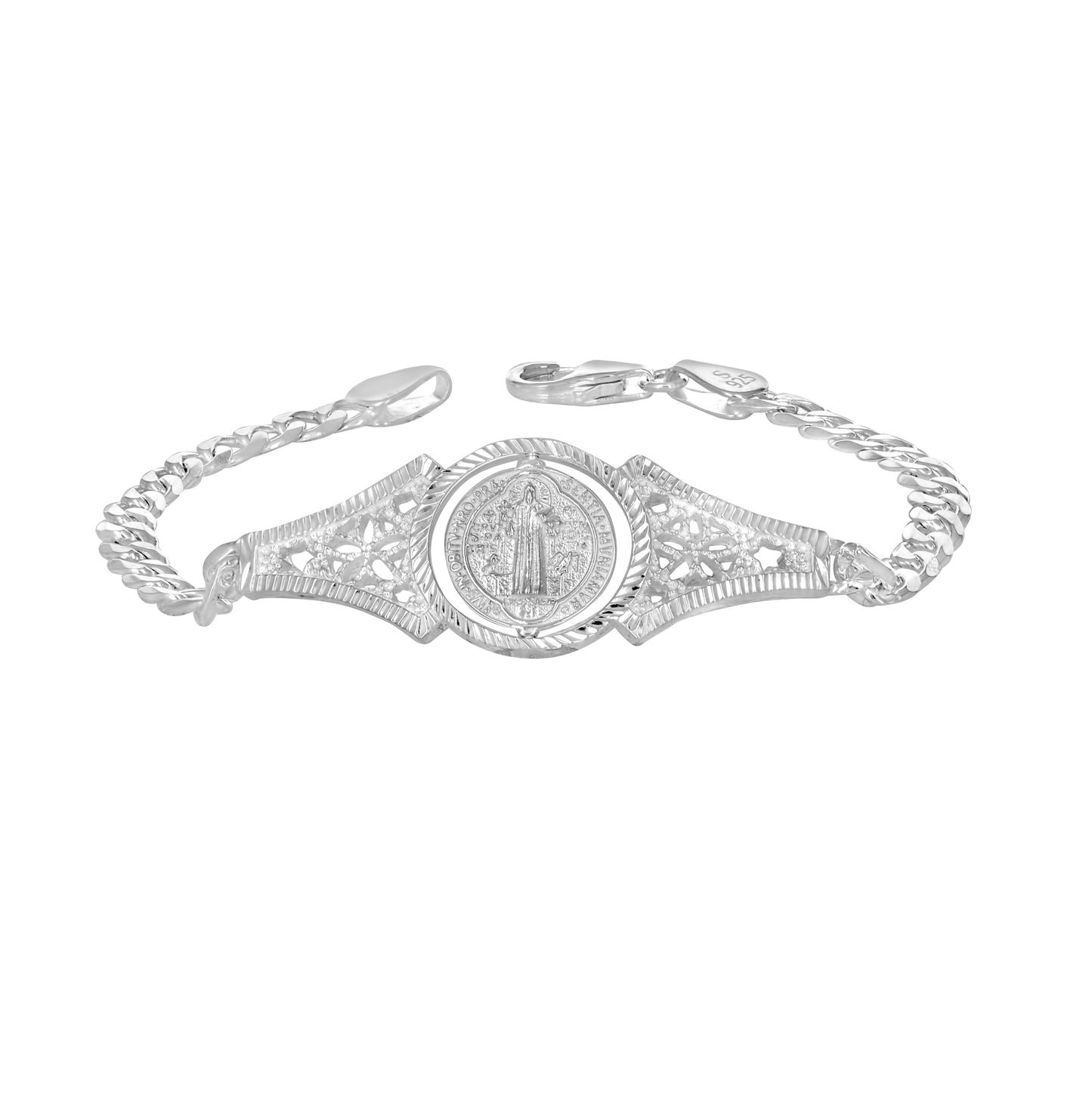 Sterling Silver Unisex St. Benedict Religious Charm Bracelet 7 Inches
