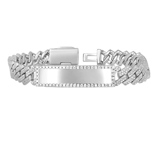 Sterling Silver Mens Moissanite Cuban Chain ID Bracelet 10mm