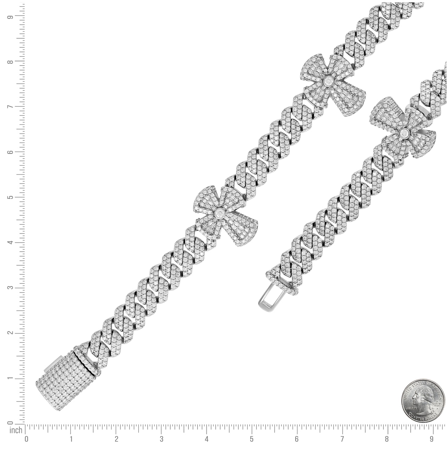 Sterling Silver Mens Baguette Round Moissanite Cross Religious Charm Cuban Bracelet