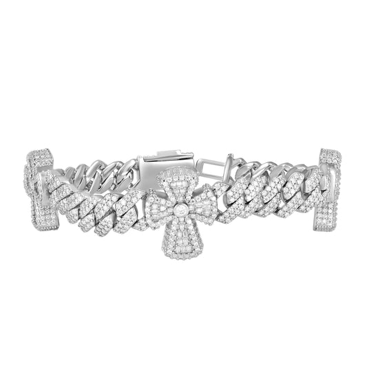 Sterling Silver Mens Baguette Round Moissanite Cross Religious Charm Cuban Bracelet